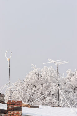 Hoarfrost covered tv antenna